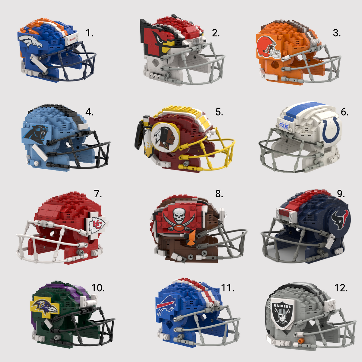 A grid of 12 miniature toy football helmets, numbered 1 through 12, shown on a light gray background. The helmets are built from small interlocking blocks and represent various NFL team designs, including the Patriots, Lions, Browns, Panthers, Redskins, Colts, Chiefs, Buccaneers, Raiders, Ravens, Bills, and Seahawks.