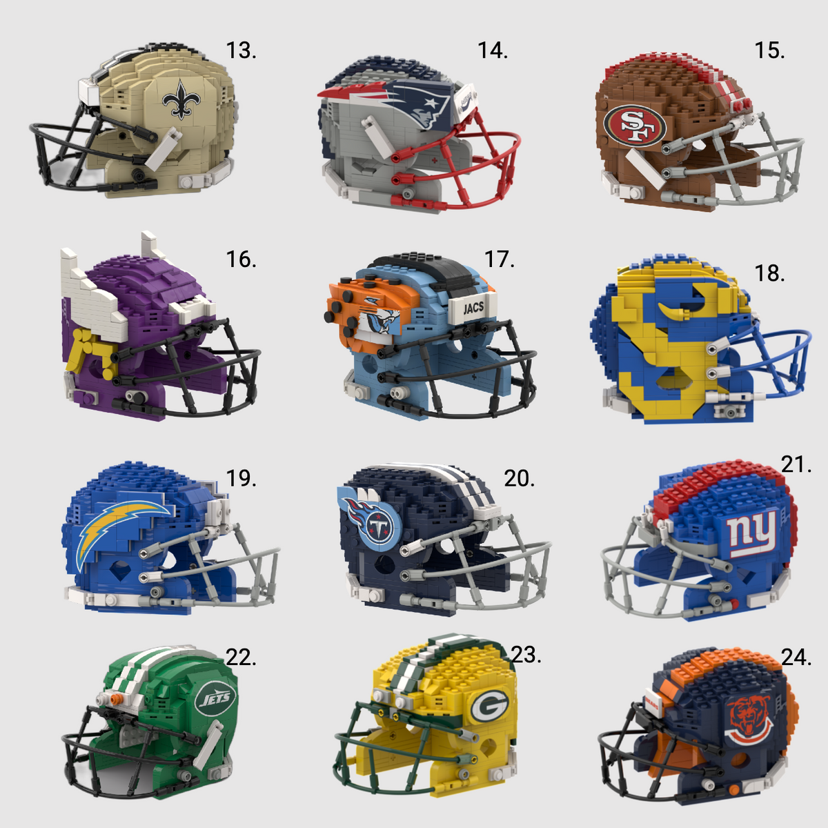 A grid of 15 small football helmets, each built from toy blocks and numbered 13 through 24, shown on a light gray background. The helmets represent different sports teams, including New Orleans Saints, Dallas Cowboys, San Francisco 49ers, Cincinnati Bengals, Los Angeles Chargers, Los Angeles Rams, Los Angeles Angels, Los Angeles Chargers, Tennessee Titans, Los Angeles Rams, New York Giants, Arizona Cardinals, Tampa Bay Buccaneers, Green Bay Packers, and Chicago Bears.