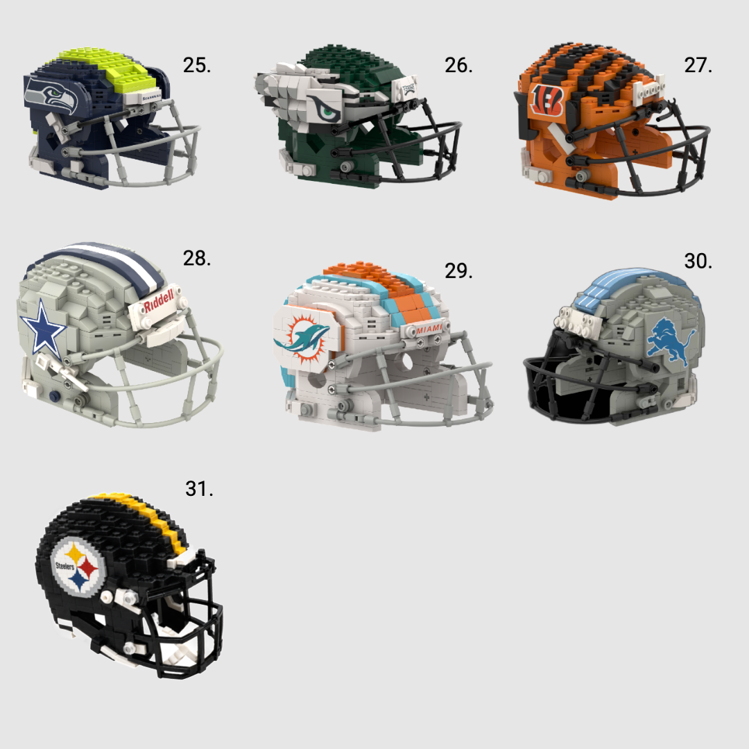 A set of 31 block-style football helmets arranged on a light gray background, numbered 25 through 31. The helmets include Seattle Seahawks, Cincinnati Bengals, Detroit Lions, Dallas Cowboys, Miami Dolphins, and Pittsburgh Steelers designs.